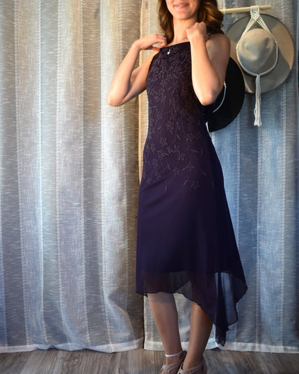 Vintage Y2k Teeze Me Purple Floral Beaded Midi Dress with Asymmetric Hemline and Cowl Back ress
