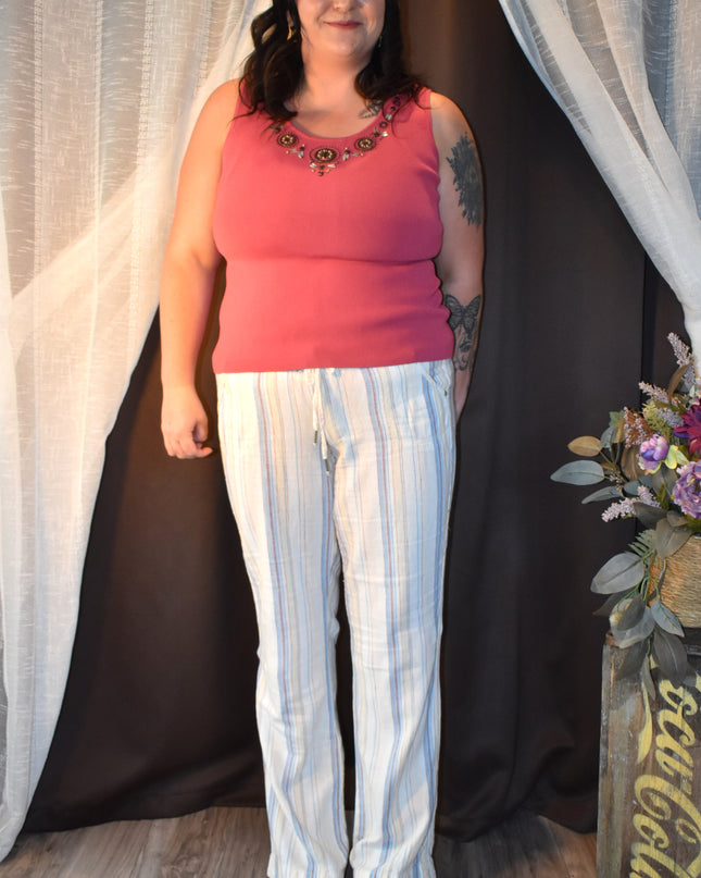Rewash Brand Linen Striped Pants with Shirred Waist & Tie Front