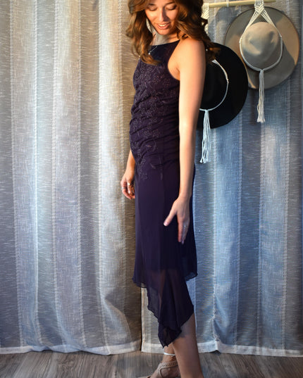 Vintage Y2k Teeze Me Purple Floral Beaded Midi Dress with Asymmetric Hemline and Cowl Back ress