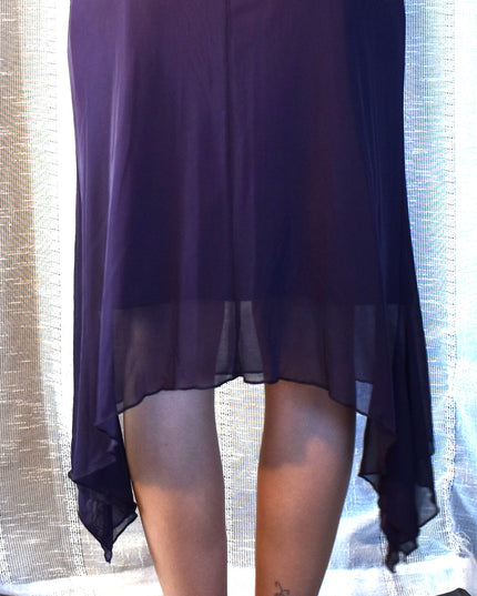 Vintage Y2k Teeze Me Purple Floral Beaded Midi Dress with Asymmetric Hemline and Cowl Back ress