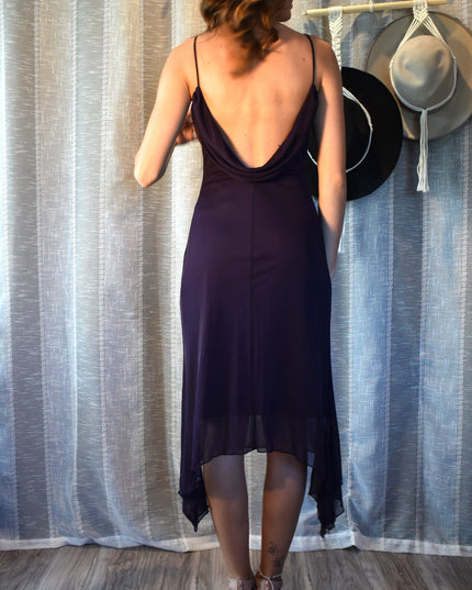 Vintage Y2k Teeze Me Purple Floral Beaded Midi Dress with Asymmetric Hemline and Cowl Back ress