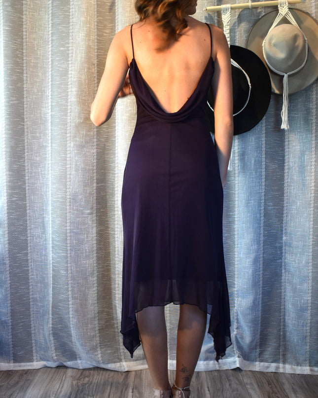 Vintage Y2k Teeze Me Purple Floral Beaded Midi Dress with Asymmetric Hemline and Cowl Back ress