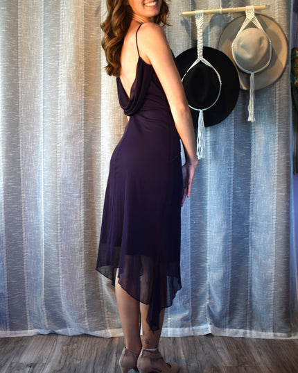 Vintage Y2k Teeze Me Purple Floral Beaded Midi Dress with Asymmetric Hemline and Cowl Back ress