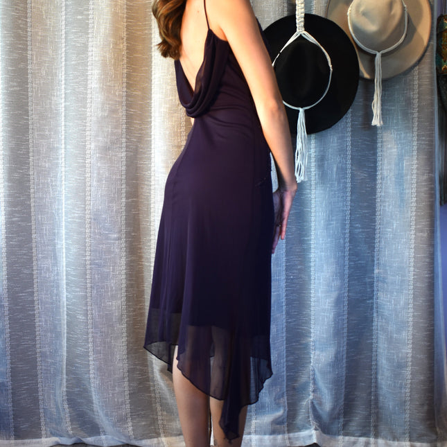 Vintage Y2k Teeze Me Purple Floral Beaded Midi Dress with Asymmetric Hemline and Cowl Back ress