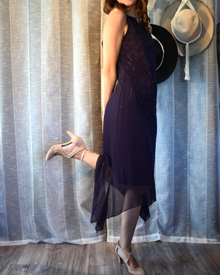 Vintage Y2k Teeze Me Purple Floral Beaded Midi Dress with Asymmetric Hemline and Cowl Back ress