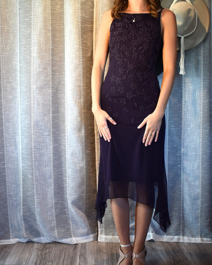 Vintage Y2k Teeze Me Purple Floral Beaded Midi Dress with Asymmetric Hemline and Cowl Back ress