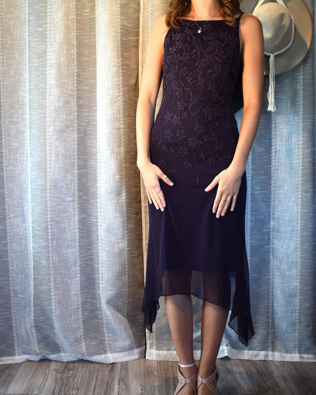 Vintage Y2k Teeze Me Purple Floral Beaded Midi Dress with Asymmetric Hemline and Cowl Back ress