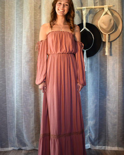 Forever 21 Dusty Rose Off-the-Shoulder Peasant Long Sleeve Boho Maxi Dress with Adjustable Ties on Sleeves