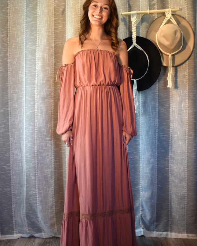 Forever 21 Dusty Rose Off-the-Shoulder Peasant Long Sleeve Boho Maxi Dress with Adjustable Ties on Sleeves