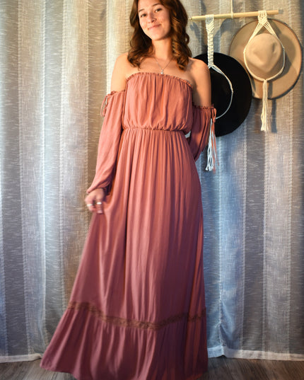 Forever 21 Dusty Rose Off-the-Shoulder Peasant Long Sleeve Boho Maxi Dress with Adjustable Ties on Sleeves