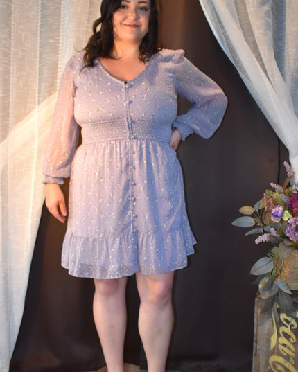 Hollister Chiffon Textured Purple Rose Design Fabric Dress with Shirred Waist and Shirred Cuff Sleeves