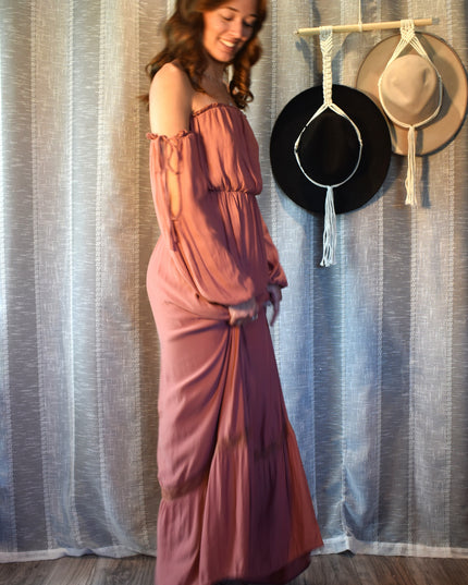 Forever 21 Dusty Rose Off-the-Shoulder Peasant Long Sleeve Boho Maxi Dress with Adjustable Ties on Sleeves