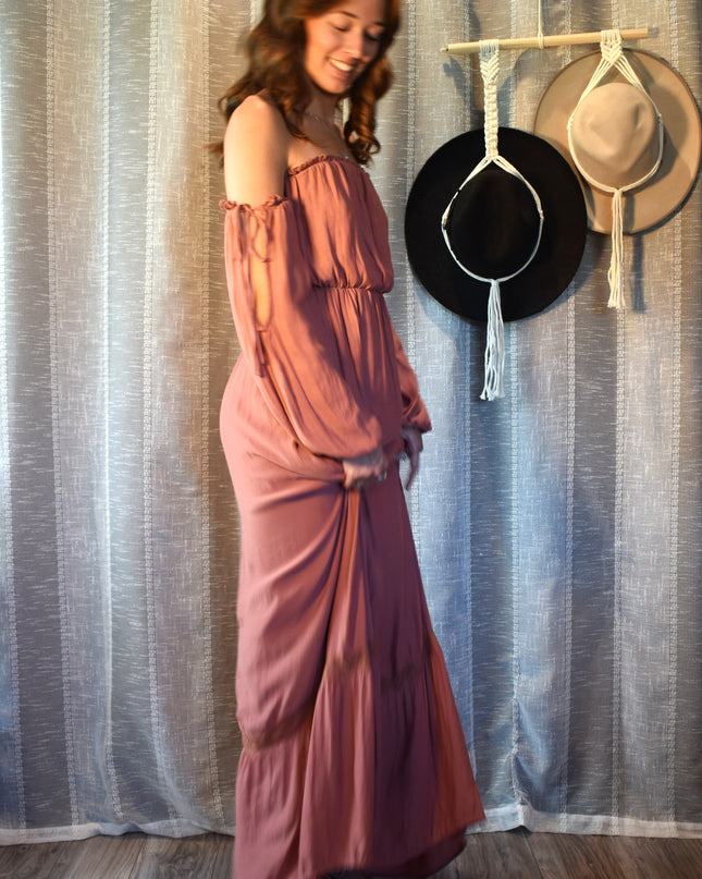 Forever 21 Dusty Rose Off-the-Shoulder Peasant Long Sleeve Boho Maxi Dress with Adjustable Ties on Sleeves