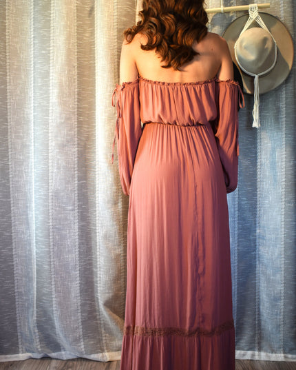 Forever 21 Dusty Rose Off-the-Shoulder Peasant Long Sleeve Boho Maxi Dress with Adjustable Ties on Sleeves