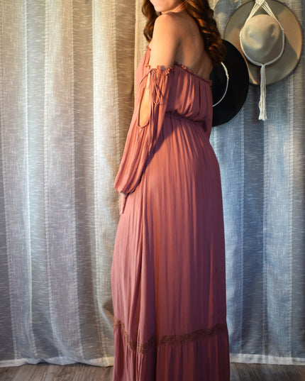 Forever 21 Dusty Rose Off-the-Shoulder Peasant Long Sleeve Boho Maxi Dress with Adjustable Ties on Sleeves