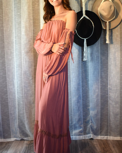 Forever 21 Dusty Rose Off-the-Shoulder Peasant Long Sleeve Boho Maxi Dress with Adjustable Ties on Sleeves