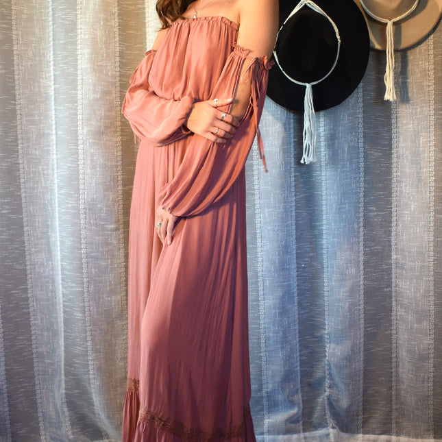 Forever 21 Dusty Rose Off-the-Shoulder Peasant Long Sleeve Boho Maxi Dress with Adjustable Ties on Sleeves