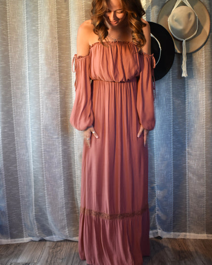 Forever 21 Dusty Rose Off-the-Shoulder Peasant Long Sleeve Boho Maxi Dress with Adjustable Ties on Sleeves