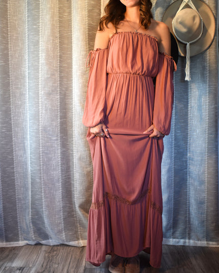 Forever 21 Dusty Rose Off-the-Shoulder Peasant Long Sleeve Boho Maxi Dress with Adjustable Ties on Sleeves