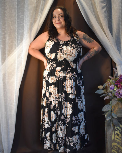 Lapis Black Floral Smocked Boho Tier Midi Sundress with Shirred Waist and Faux Front Buttons