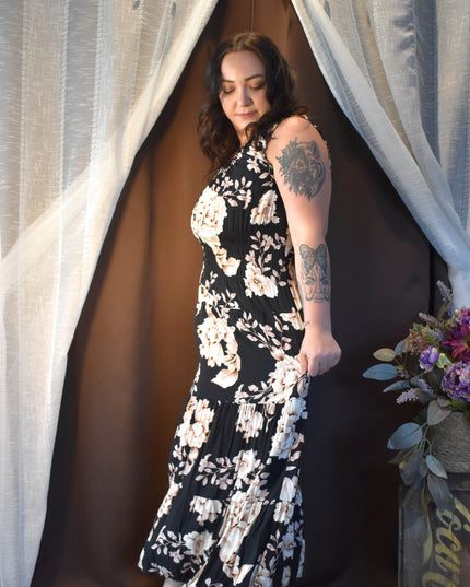 Lapis Black Floral Smocked Boho Tier Midi Sundress with Shirred Waist and Faux Front Buttons