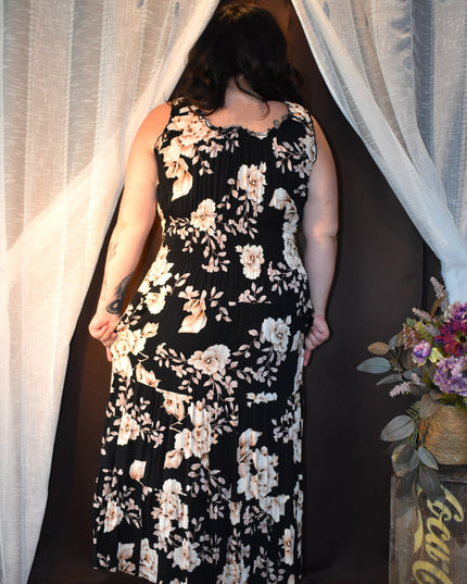 Lapis Black Floral Smocked Boho Tier Midi Sundress with Shirred Waist and Faux Front Buttons