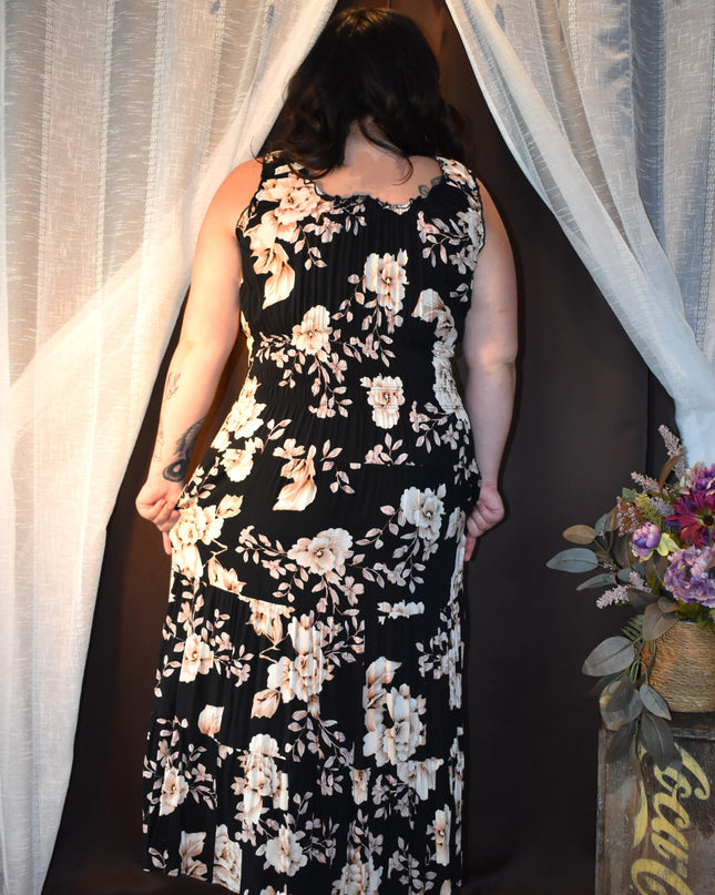 Lapis Black Floral Smocked Boho Tier Midi Sundress with Shirred Waist and Faux Front Buttons