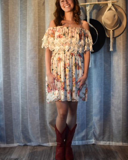 American Rag Cream Off-Shoulder Adjustable Straps Cinched Waist Floral Boho Mini Sundress with Lace Inset