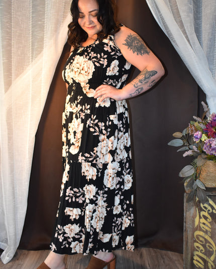 Lapis Black Floral Smocked Boho Tier Midi Sundress with Shirred Waist and Faux Front Buttons