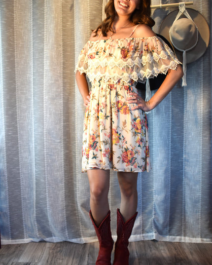 American Rag Cream Off-Shoulder Adjustable Straps Cinched Waist Floral Boho Mini Sundress with Lace Inset