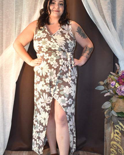 Jessica Simpson Brown Floral Stretchy Boho Wrap Maxi Dress