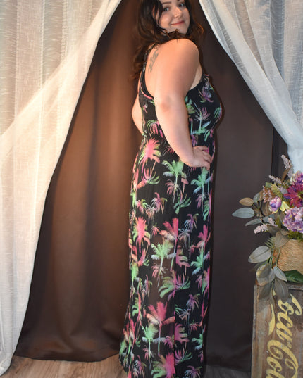Hot Tempered Lace Racerback Style Vibrant Palm Tree Maxi Dress with Side Slits
