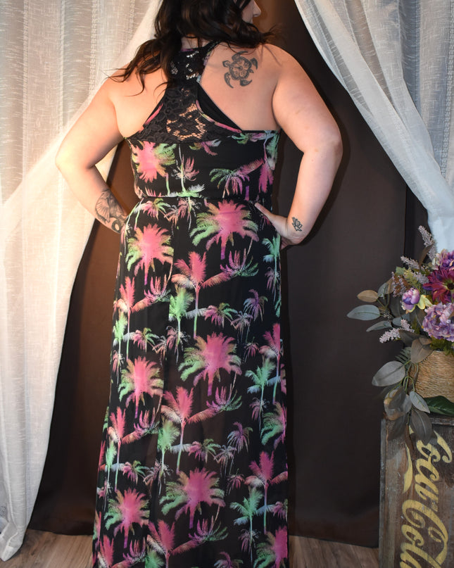 Hot Tempered Lace Racerback Style Vibrant Palm Tree Maxi Dress with Side Slits