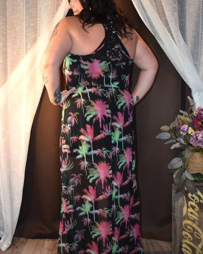 Hot Tempered Lace Racerback Style Vibrant Palm Tree Maxi Dress with Side Slits