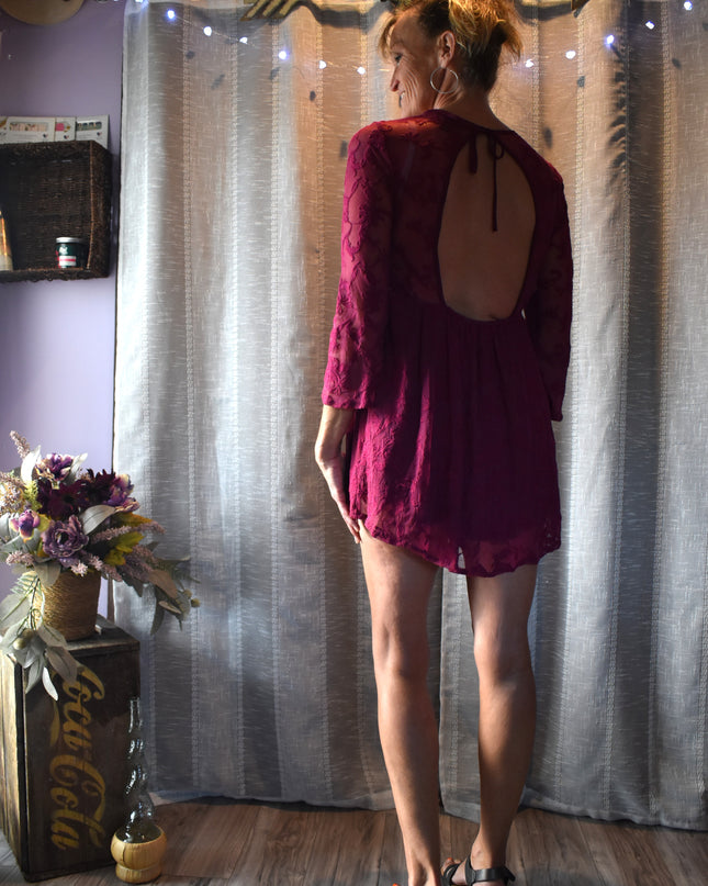 Forever 21 Burgundy/Wine Open Back Lace Boho Mini Dress
