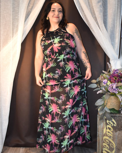 Hot Tempered Lace Racerback Style Vibrant Palm Tree Maxi Dress with Side Slits