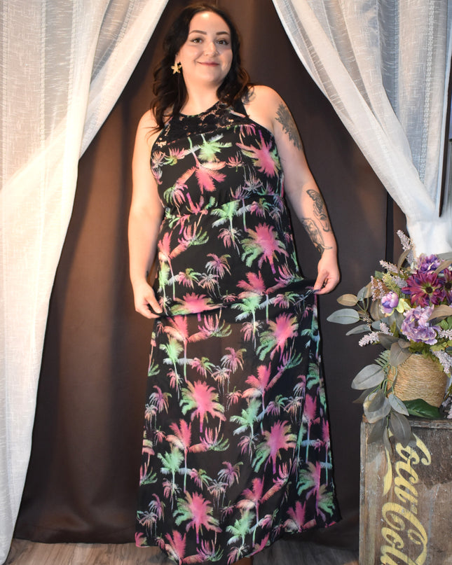 Hot Tempered Lace Racerback Style Vibrant Palm Tree Maxi Dress with Side Slits
