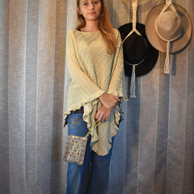 NWT Laura Ashley Cream and Gold Metallic Shimmer Crochet Poncho Sweater - Glitter Knit Boho Shrug - Brand New