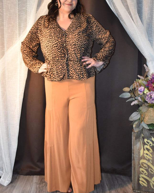 New Simplee Bronze Colored Tiered Wide Leg Palazzo Pants with Smocked Waist