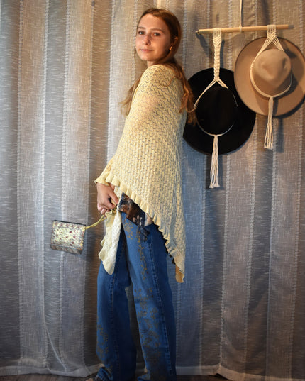 NWT Laura Ashley Cream and Gold Metallic Shimmer Crochet Poncho Sweater - Glitter Knit Boho Shrug - Brand New