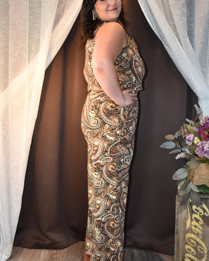 Enfocus Studio One-Piece Brown Paisley Sleeveless Jumpsuit with Elastic Waist & Cowl Neck