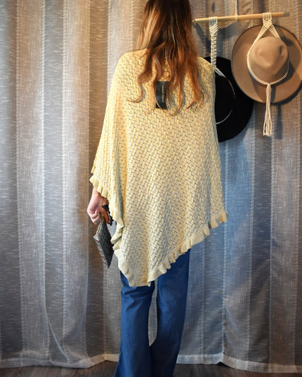 NWT Laura Ashley Cream and Gold Metallic Shimmer Crochet Poncho Sweater - Glitter Knit Boho Shrug - Brand New