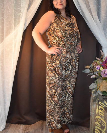 Enfocus Studio One-Piece Brown Paisley Sleeveless Jumpsuit with Elastic Waist & Cowl Neck