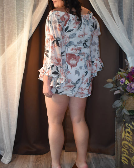 Hint of Blush Baby Doll On/Off Shoulder Floral Tie Front Mini Romper with Bell Sleeves