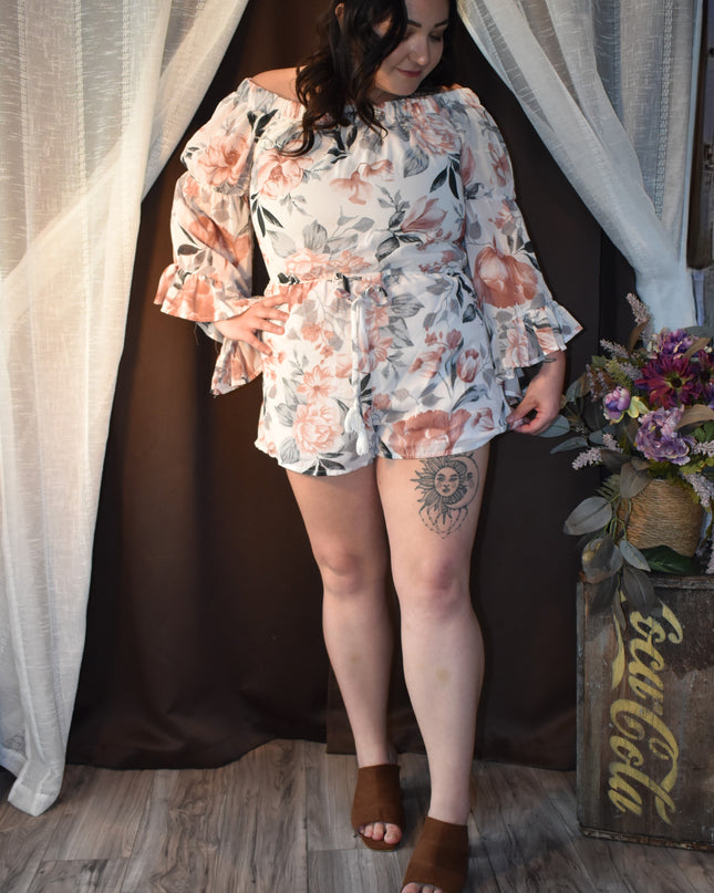 Hint of Blush Baby Doll On/Off Shoulder Floral Tie Front Mini Romper with Bell Sleeves