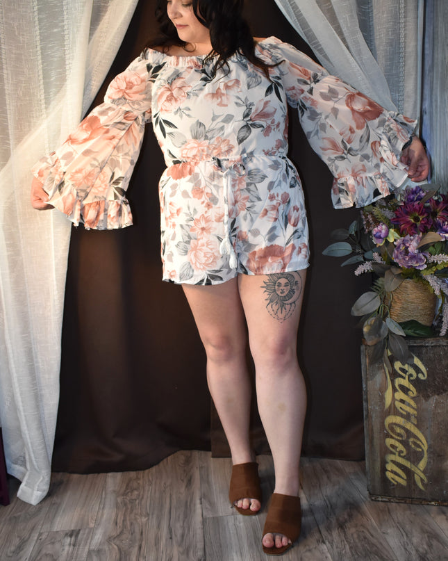 Hint of Blush Baby Doll On/Off Shoulder Floral Tie Front Mini Romper with Bell Sleeves