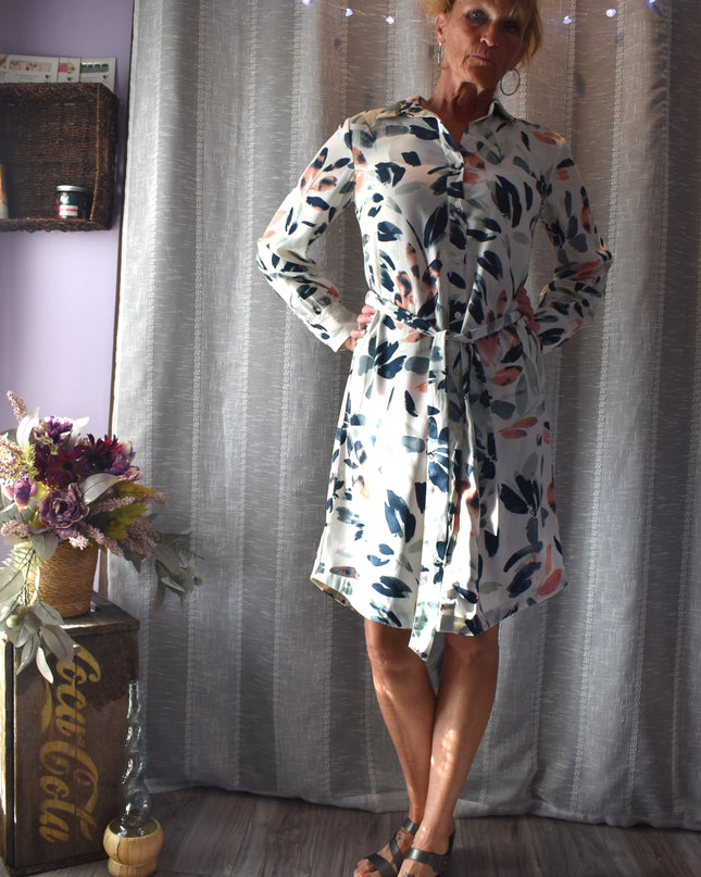 A New Day Abstract Design Button Front Belted Dress