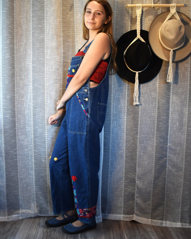 Vintage 90s L.L. Bean Floral Corduroy Patchwork Overalls Girl's LG (Fits Women's XXS/XS/S)