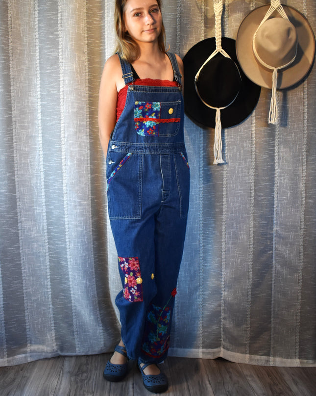 Vintage 90s L.L. Bean Floral Corduroy Patchwork Overalls Girl's LG (Fits Women's XXS/XS/S)