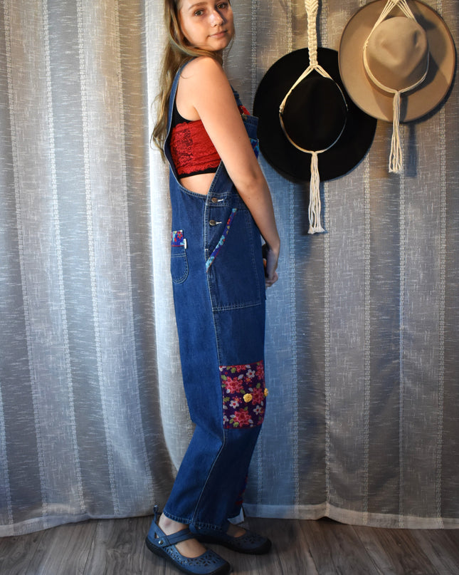 Vintage 90s L.L. Bean Floral Corduroy Patchwork Overalls Girl's LG (Fits Women's XXS/XS/S)